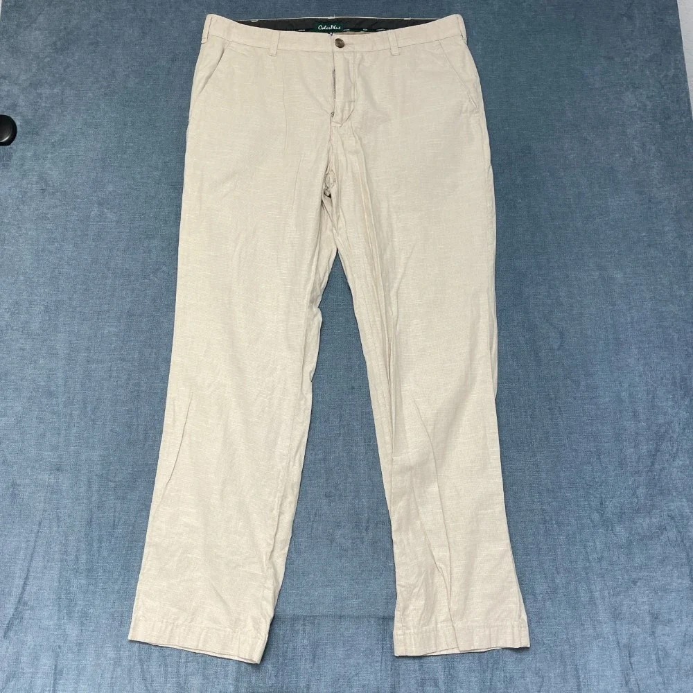 ColorPlus Leisure Chino Pants Mens 36 Beige Houndstooth Straight Leg Outdoor